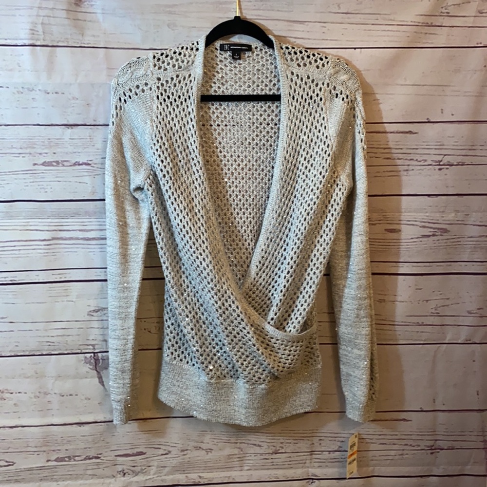 INC International Concepts shimmery silver criss cross top. S-NWT